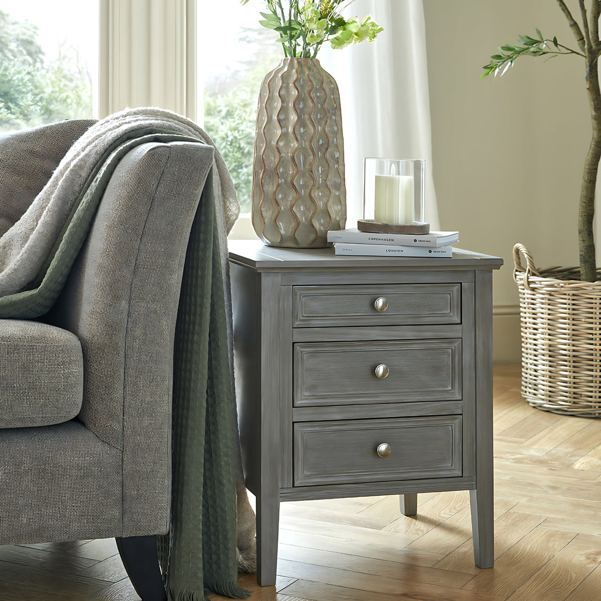 Serene Collection Three Drawer Bedside Table